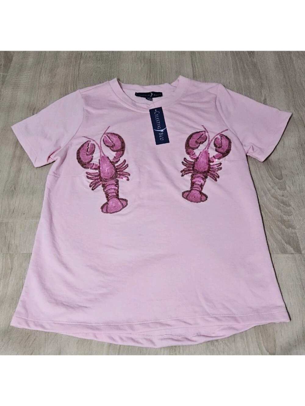Celestial Blue Pink Sequined Lobster Tshirt Jersey Knit Size S Womens Nwt Beach